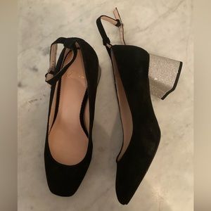 J. Crew - Celia Pump in Black Suede with ankle strap and silver sparkling heels
